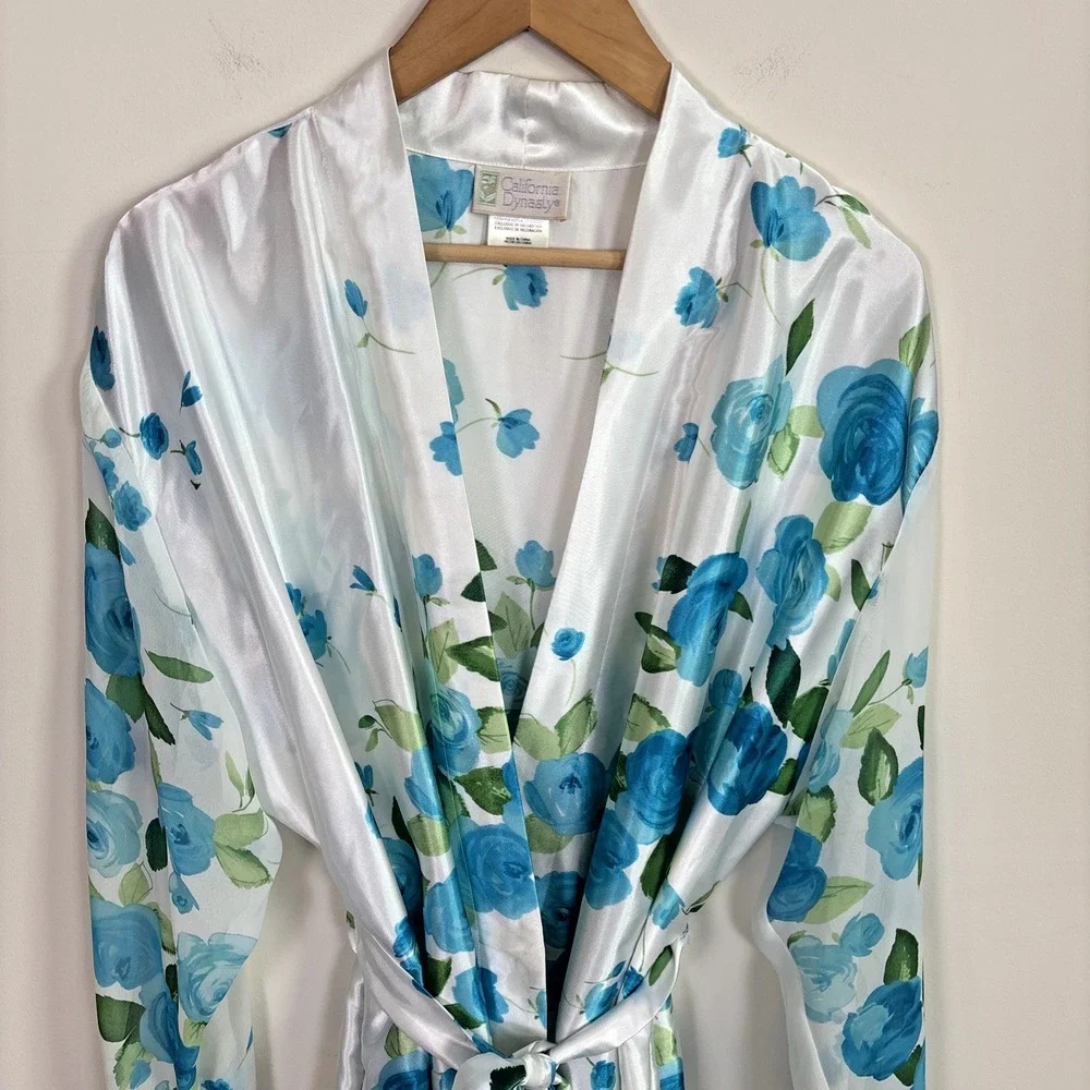 Vtg California‎ Dynasty Womens Robe Sz L Satin Floral Long White Blue Tie